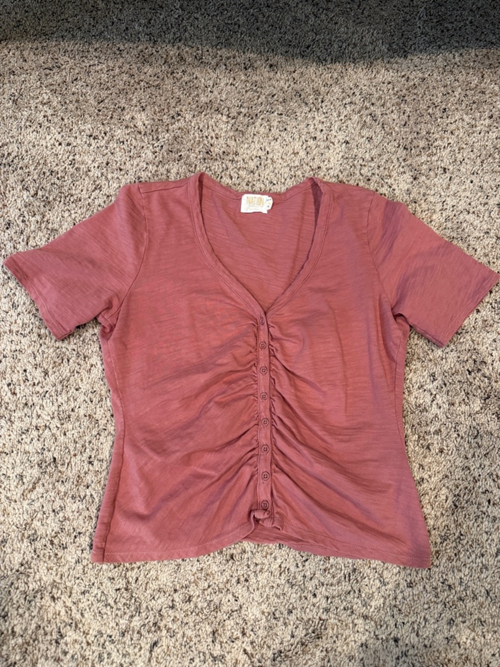 Nation LTD Dusty Rose Ruched Button-Front V-Neck Short Sleeve Top